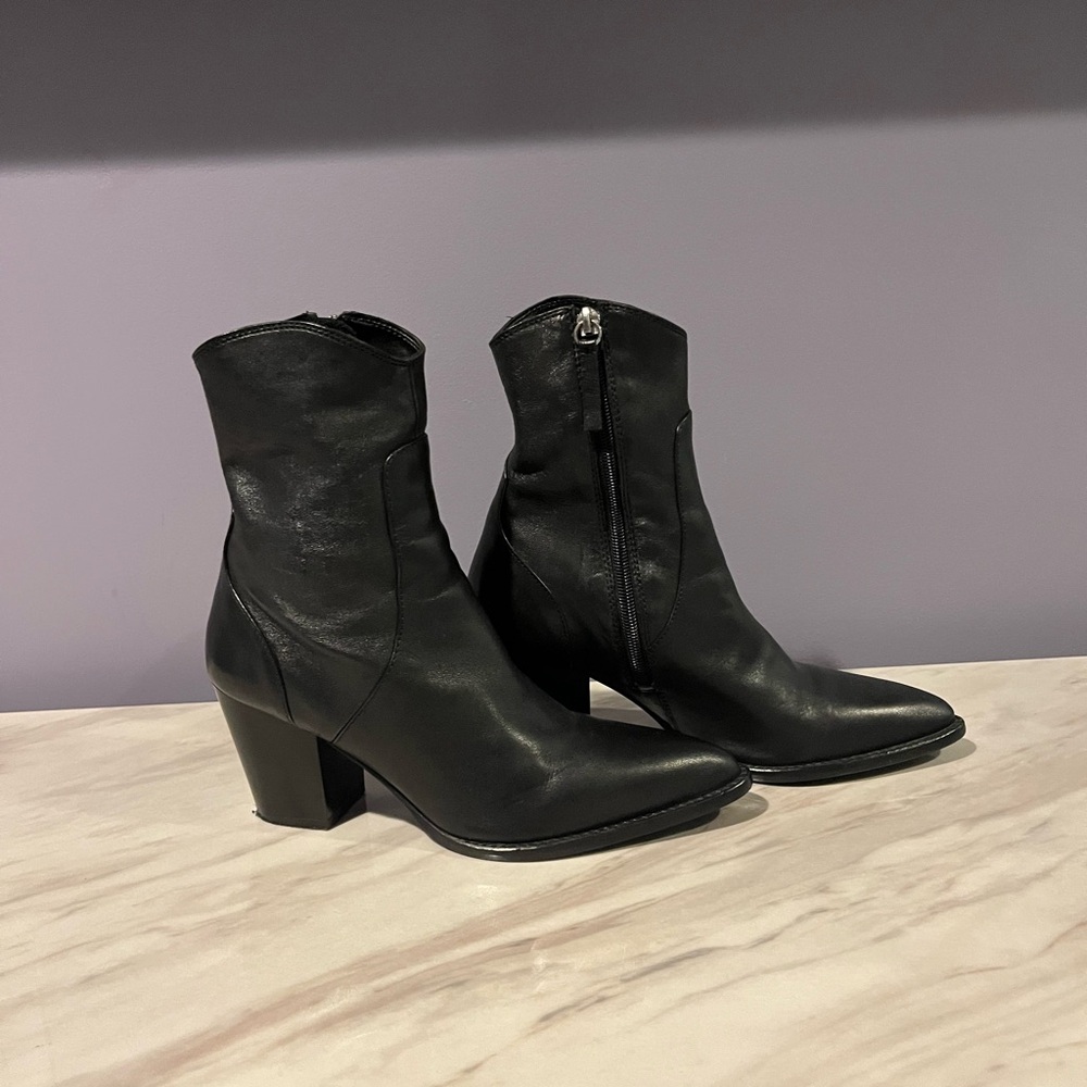 Zara leather Black Women's Ankle Boots - Sleek Pointed Toe Block Heel - Picture 3 of 5